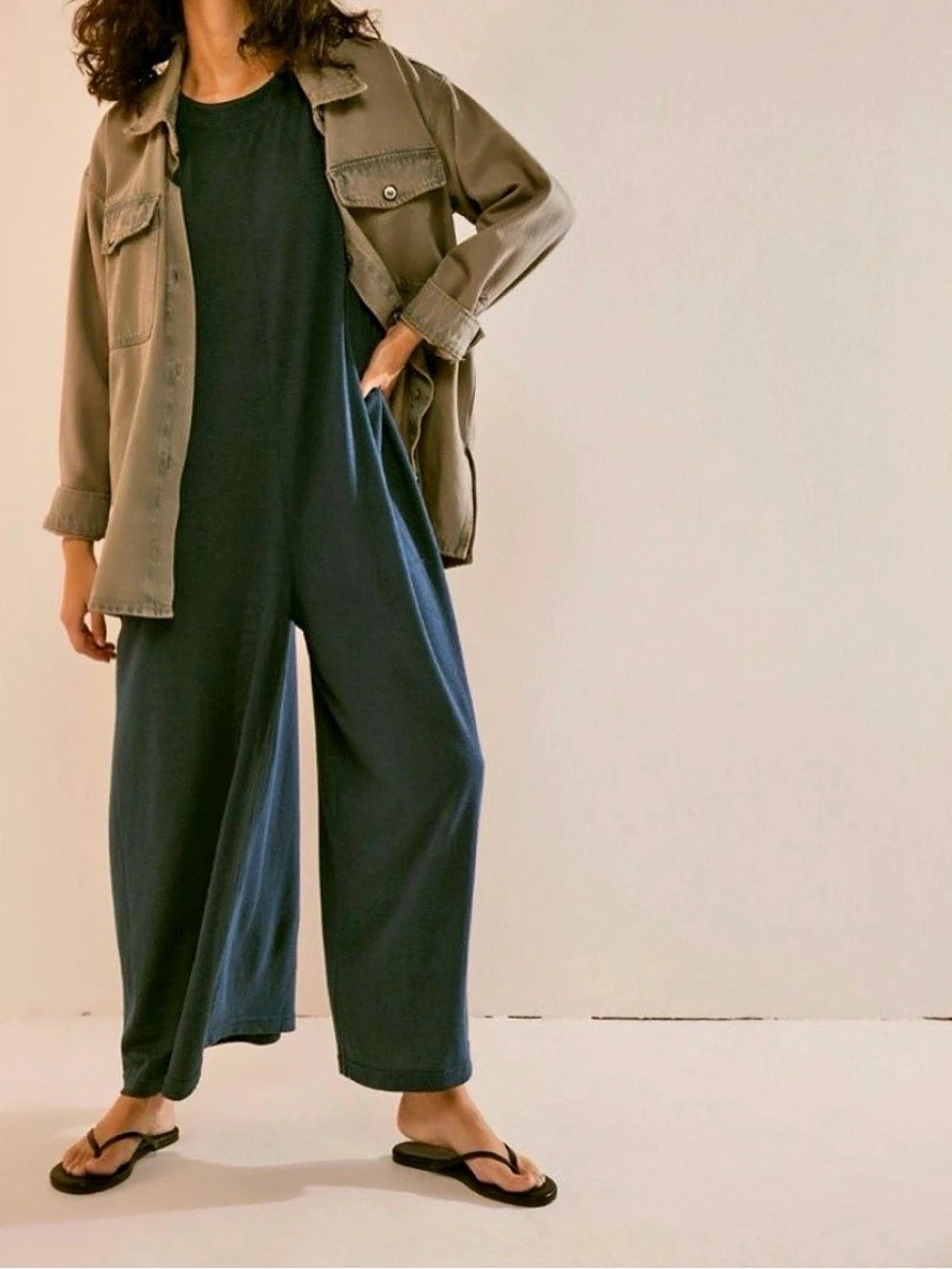 Free People Beach Mallorca Luster Jumpsuit M/L Blue Oversized Wide Leg